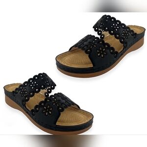 CHEROKEE Black Embroidered 2 Strap Wedge Sandals Size 9 NWT